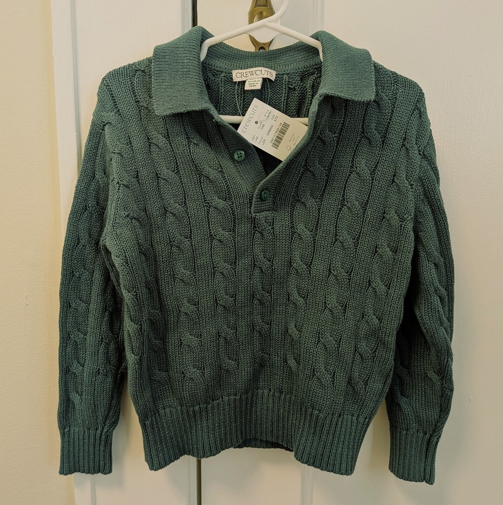 NWT J. Crew Crewcuts Boys Cotton Green Cable Knit Collared Polo Sweater